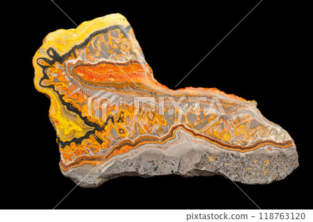 Macro mineral stone "Bee" jasper on a gray background 118763120