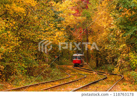 Autumn forest through which an old tram rides (Ukraine) 118763178