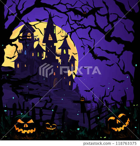 Vector Image Gradient Halloween background with jack lantern pumpkins and bats. Vector illustration night landscape with a huge moon and a castle with bats. in the foreground are evil pumpkins under Vector Image Gradient Halloween background with jack lantern pumpkins and bats. Vector illustration night landscape with a huge moon and a castle with bats. in the foreground are evil pumpkins under 118763375