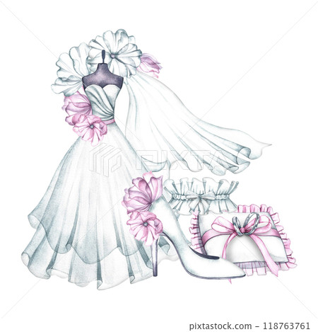 Wedding composition. A white wedding dress on a mannequin, a veil and wedding rings, a slipper and a garter. The logo of the wedding boutique. A watercolor illustration made by hand. Wedding composition. A white wedding dress on a mannequin, a veil and wedding rings, a slipper and a garter. The logo of the wedding boutique. A watercolor illustration made by hand. 118763761
