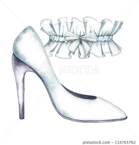 wedding white women's slipper and the bride's garter. Elements of the bride's outfit. The wedding logo. A watercolor illustration made by hand. For the design of postcards, banners, flyers, invitation wedding white women's slipper and the bride's garter. Elements of the bride's outfit. The wedding logo. A watercolor illustration made by hand. For the design of postcards, banners, flyers, invitation 118763762