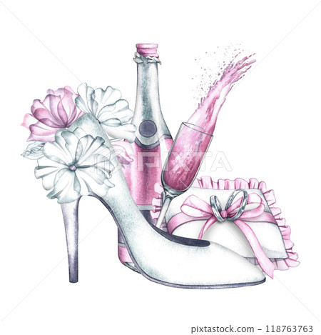 The wedding composition is made in delicate white and pink tones. Women's high-heeled shoes, wedding rings on a cushion. A bottle and a glass of pink champagne. A watercolor illustration made by hand. The wedding composition is made in delicate white and pink tones. Women's high-heeled shoes, wedding rings on a cushion. A bottle and a glass of pink champagne. A watercolor illustration made by hand. 118763763
