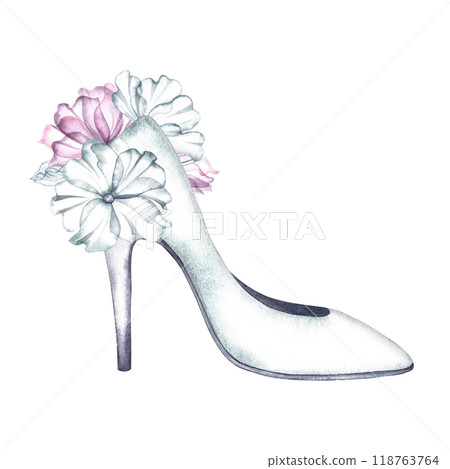 White fashionable women's high-heeled shoes decorated with flowers. An element of the bride's outfit. The lady logo. A watercolor illustration made by hand. For the design of postcards, banner, flyer White fashionable women's high-heeled shoes decorated with flowers. An element of the bride's outfit. The lady logo. A watercolor illustration made by hand. For the design of postcards, banner, flyer 118763764