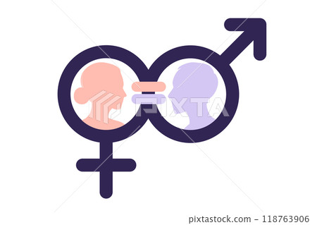 Gender equality concept. Men and women character on the scales for gender equality. Vector illustration. Flat. 118763906