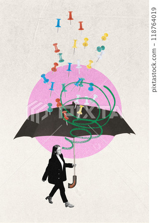 Contemporary art collage. Woman with umbrella protects herself from colorful rain of pins, symbolizing protection from sharp critiques 118764019