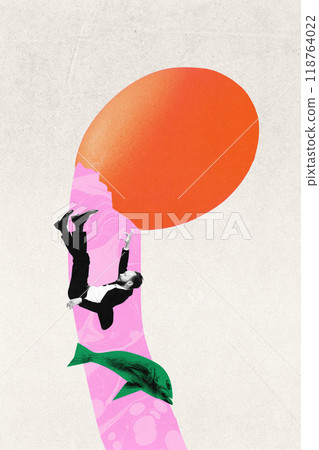 Contemporary art collage. Man falls into liquid-like environment with large egg and fish, symbolizing unexpected journey of life. 118764022