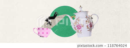 Banner. Contemporary art collage. Man falling out of teapot pours into cup, symbolizing spillover of imagination or stress. 118764024