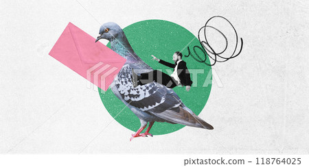 Contemporary art collage. Riding pigeon, man delivers letter, symbolizing old-fashioned communication methods in fast-paced digital world. 118764025