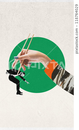 Contemporary art collage. Man picked up by chopsticks, portraying vulnerability in world where power can be arbitrary and controlling. Contemporary art collage. Man picked up by chopsticks, portraying vulnerability in world where power can be arbitrary and controlling. 118764029