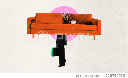 Contemporary art collage. Woman carries weight of responsibilities, with sofa symbolizing burden of everyday life, while teacup hints at moment of escape. Contemporary art collage. Woman carries weight of responsibilities, with sofa symbolizing burden of everyday life, while teacup hints at moment of escape. 118764033
