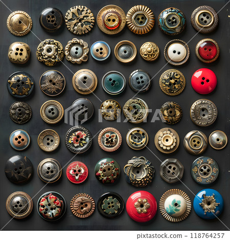 Collection of vintage buttons displayed on a dark background showcasing various styles, shapes, and vibrant colors perfect for crafting projects 118764257
