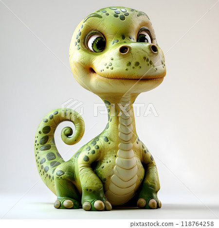 Cheerful cute dinosaur with big eyes sitting on a white surface, ready to brighten anyones day with its playful charm and friendly expression 118764258