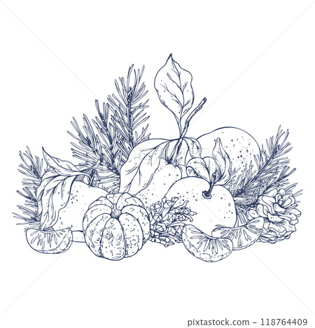Orange tangerines whole, peeled and sliced with pine branch and cones. Christmas, New Year, Graphic illustration hand drawn in black ink. Composition, sublimation, arrangement EPS vector. Orange tangerines whole, peeled and sliced with pine branch and cones. Christmas, New Year, Graphic illustration hand drawn in black ink. Composition, sublimation, arrangement EPS vector. 118764409