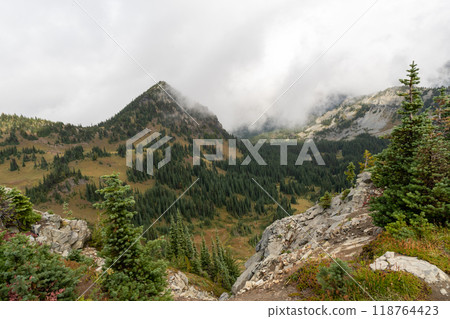 Stunning views of the lush Burroughs Mountains along Sunrise Rim Trail. 118764423