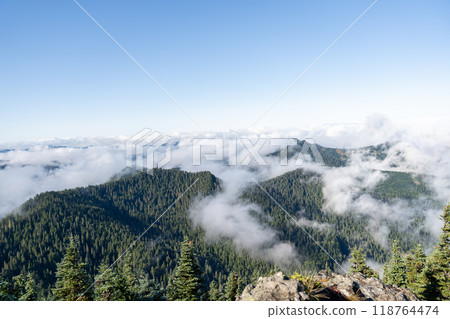 Beautiful views overlooking lush Mt. Rainier National Park from Tolmie Peak. Beautiful views overlooking lush Mt. Rainier National Park from Tolmie Peak. 118764474