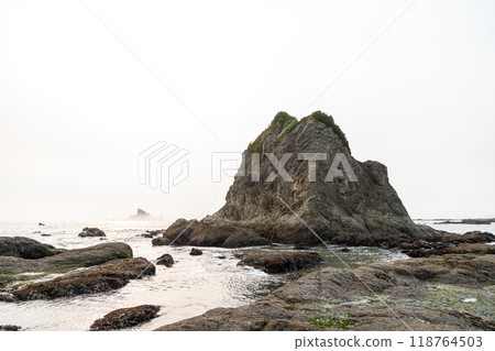 A beautiful view of giant rocks and ocean at Rialto Beach on a cloud day. A beautiful view of giant rocks and ocean at Rialto Beach on a cloud day. 118764503
