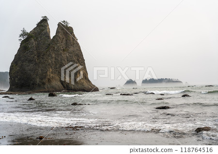 A beautiful view of Split Rock at Rialto Beach on a cloudy day. 118764516