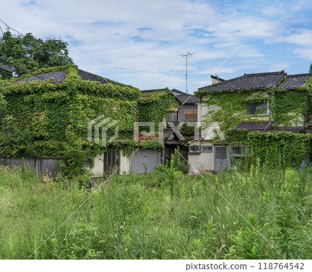 An abandoned house overgrown with weeds, symbolizing Tokyo's vacant house phenomenon. 118764542
