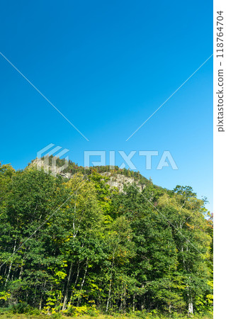 A winding road with view of mountains in White Mountain National Forest. 118764704