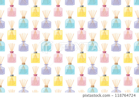 Home fragrances seamless pattern, colorful glass bottles with aroma sticks on white background, flat design 118764724