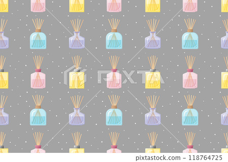 Home fragrances seamless pattern, colorful glass bottles with aroma sticks on grey background, flat design Home fragrances seamless pattern, colorful glass bottles with aroma sticks on grey background, flat design 118764725