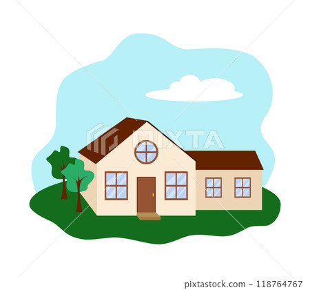 A cottage house. Flat design colorful illustration clipart, isolated on white background. Real estate for sale concept 118764767
