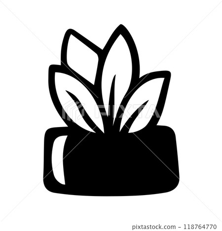 A small house plant in a pot, simple naive doodle hand drawing, editable outline icon, black contour on white background 118764770