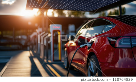 Electric Car Charging Under Solar Panels at Sunset 118764829