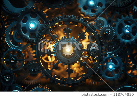 Complex mechanical silhouette composed of gears, with light going through the gear gaps and backlighting 118764830