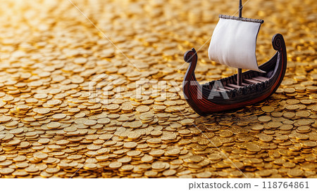 Viking Ship Sailing on a Sea of Gold Coins 118764861