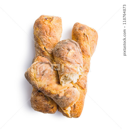 Crusty rustic baguette isolated on white table. 118764873