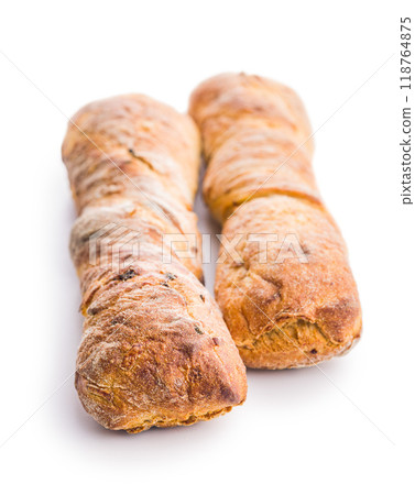 Crusty rustic baguette isolated on white table. 118764875