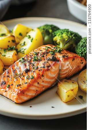 Grilled Salmon with Potatoes and Broccoli 118764900