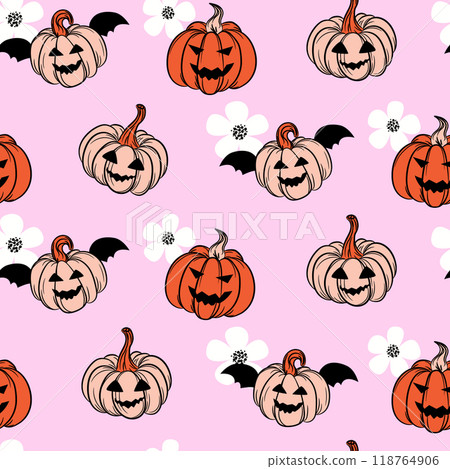 Halloween cute Pumpkin, flowers and spider web Seamless Pattern texture. Modern pink, orange and black girlish Background. Floral holiday Print colors for textile, wrapping paper, wallpaper, web 118764906