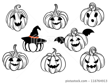 Halloween Pumpkin Character black silhouette face icons. Pumpkins carved emotions. Pictogram isolated on white, transparent background. Vector Icon shape, simple symbol. 118764913