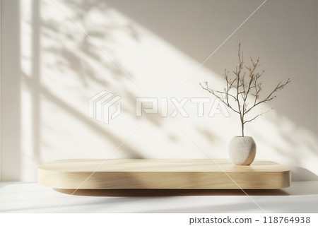 Minimalist Interior with Wooden Shelf and Vase 118764938