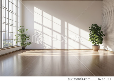 Minimalist Interior with Large Windows and Green Plants 118764945