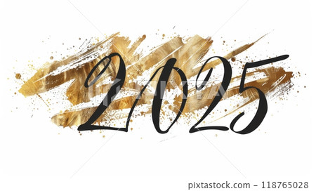 Gold and black 2025 New Year typography with brushstroke effects and splashes on a white background 118765028