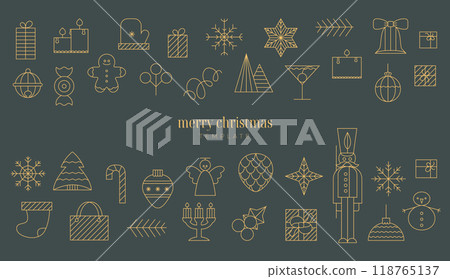 Merry Christmas and Happy New Year Set of greeting vector banner, poster. Simple Christmas toy, bell, tree. 118765137