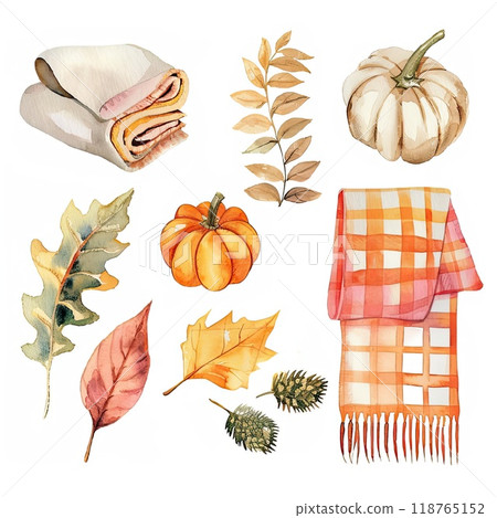 A warm autumn arrangement showcases a pink scarf, an orange pumpkin, a steaming coffee cup, scattered colorful leaves, and a pinecone, evoking a cozy seasonal vibe. 118765152