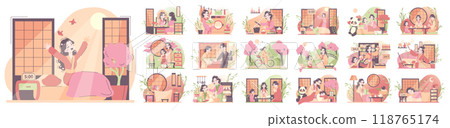 Daily routine of an asian woman set. Japanese housewife chores and lifestyle. Child care, cooking and cleaning. Everyday life schedule. Flat vector illustration Daily routine of an asian woman set. Japanese housewife chores and lifestyle. Child care, cooking and cleaning. Everyday life schedule. Flat vector illustration 118765174