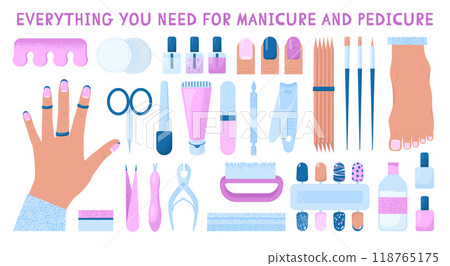 Various manicure and pedicure accessory set. Professional equipment and tools for nail care. Scissors, file, tweezers, polish, hand cream, polish remover, brush etc. Flat vector illustration 118765175