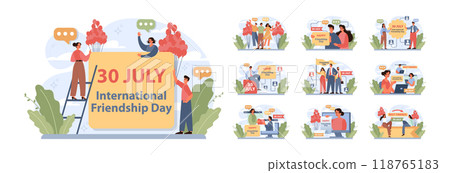 International friendship day set. Cheerful characters celebrating a holiday of togetherness, unity and support. Best friends greeting together with banners and or flags. Flat vector illustration 118765183