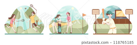 People doing sport set. Outdoor sport game such as badminton, golf and baseball. Female and male characters with healthy lifestyle. Sportsmen training. Flat vector illustration 118765185