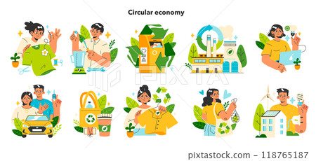 Zero waste and circular economy set. Upcycling or reuse of old stuff. Product life cycle. Business and social responsibility for impact on environment. Flat vector illustration 118765187