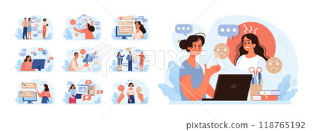 Condemnation set. Public censure or judgement. Upset victim being bullyed and shamed by others. Flat vector illustration 118765192