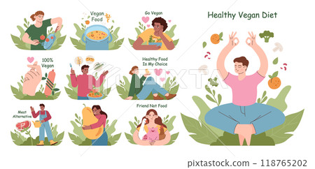 Healthy vegan diet set. Character cooking or eating fresh vegetables, fruits and meat substitutes. Balanced vegetarian and vegan food. Flat vector illustration 118765202