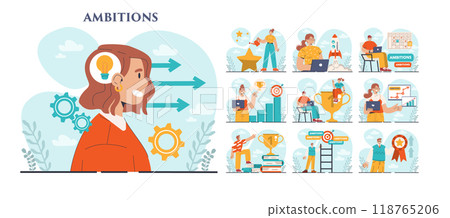 Ambitions set. Motivation to success, aspiration and effort for improvement. Character desire for business growth or career promotion to higher position. Flat vector illustration 118765206