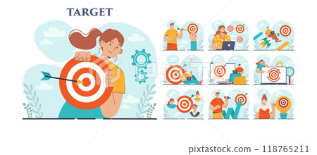 Target concept set. Ambitious characters aiming in target and shooting with arrow. Idea of success and motivation, determination or inspiration to improve. Flat vector illustration Target concept set. Ambitious characters aiming in target and shooting with arrow. Idea of success and motivation, determination or inspiration to improve. Flat vector illustration 118765211