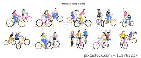 Healthy and active lifestyle. Young teenage characters hang out outside, riding a bikes together. Summer break activity, bicycle trip with friends. Flat vector illustration Healthy and active lifestyle. Young teenage characters hang out outside, riding a bikes together. Summer break activity, bicycle trip with friends. Flat vector illustration 118765217